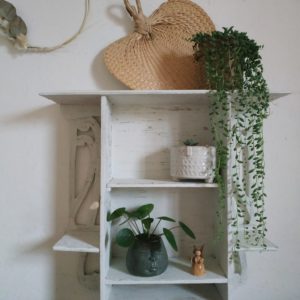 Encombrée de belles plantes tombantes, cactées et petits objets de curiosité, cette étagère deviendra un petit cabinet de curiosités au look tendre et authentique.