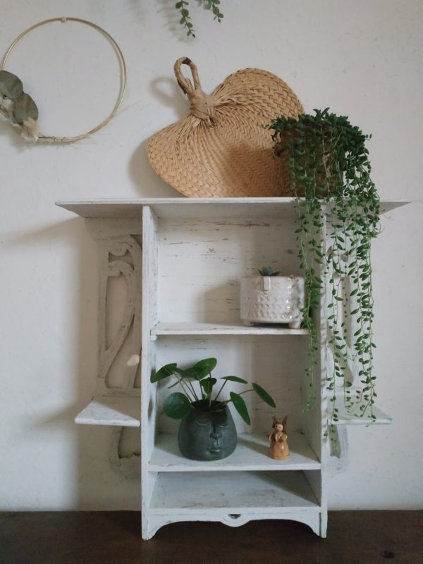 Encombrée de belles plantes tombantes, cactées et petits objets de curiosité, cette étagère deviendra un petit cabinet de curiosités au look tendre et authentique.