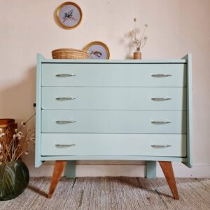 Commode vintage pieds compas rénovée bleue