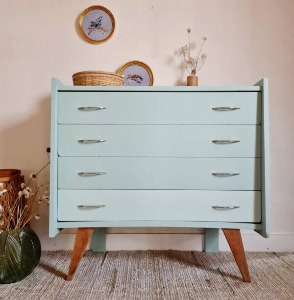 Commode vintage pieds compas rénovée bleue