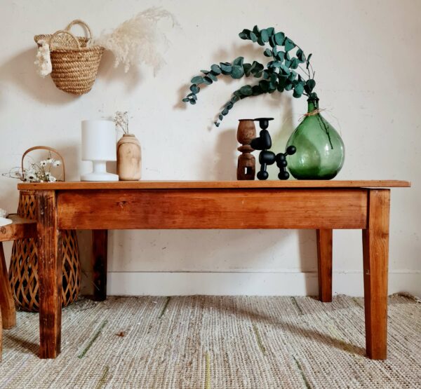 Table basse de ferme en bois brut avec coffre de rangement