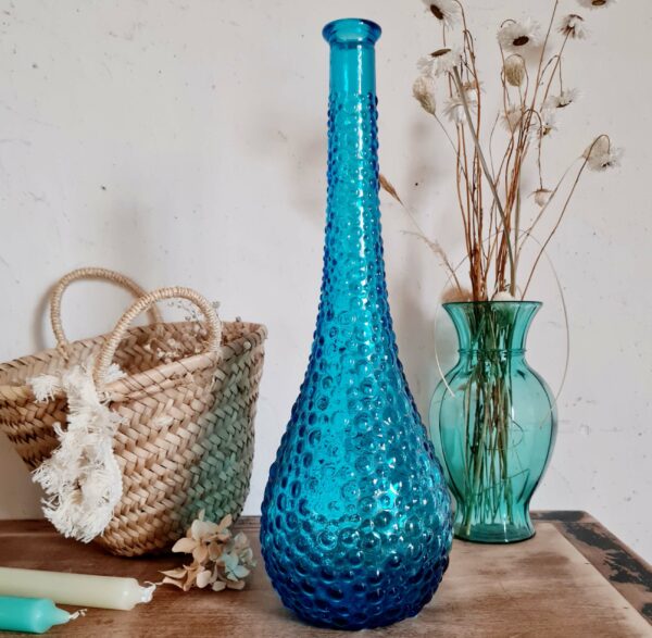 Vase italien ancien Empoli en verre bleu à bulles