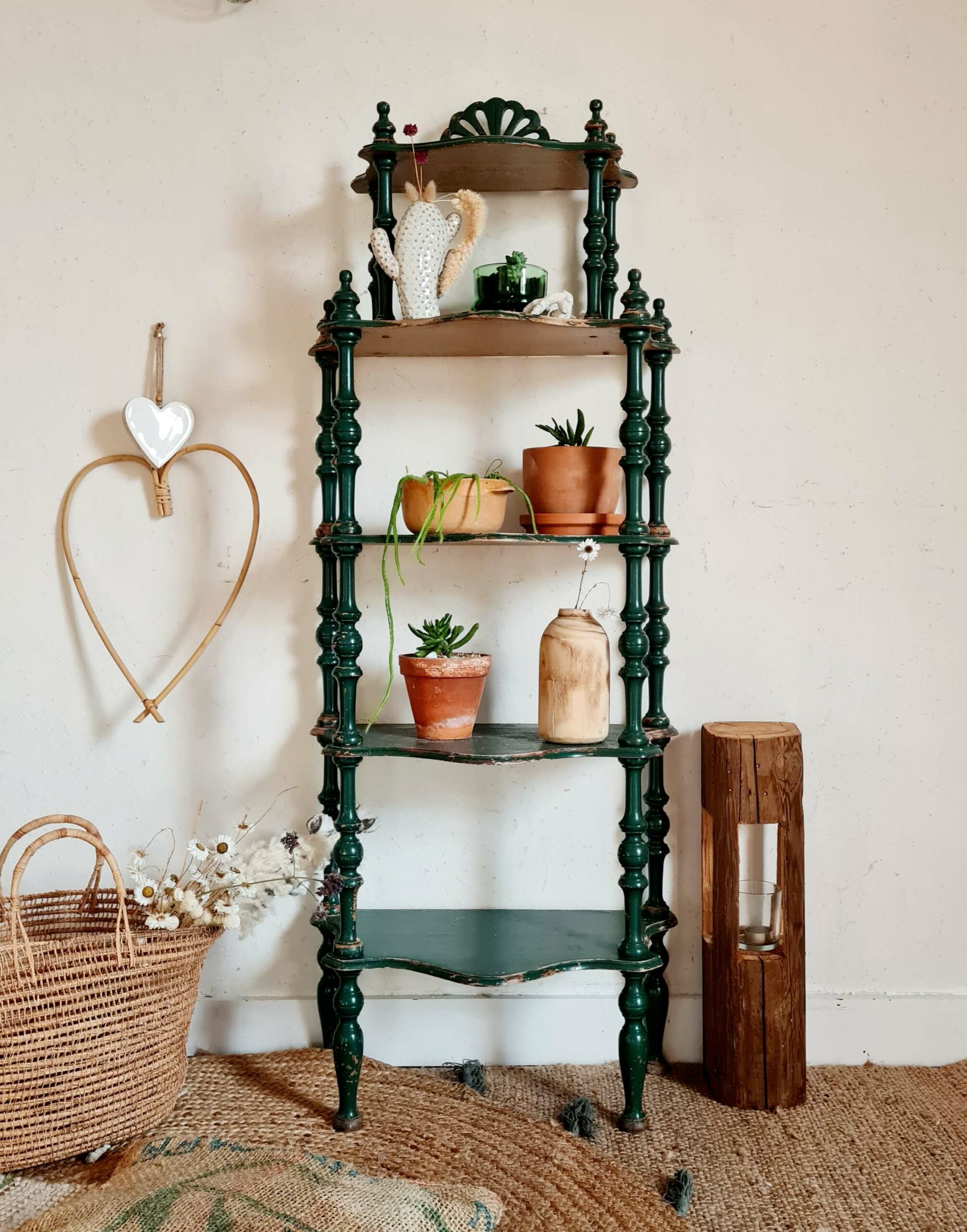 Etagère verte patinée - porte plantes en bois - Factory Vintage