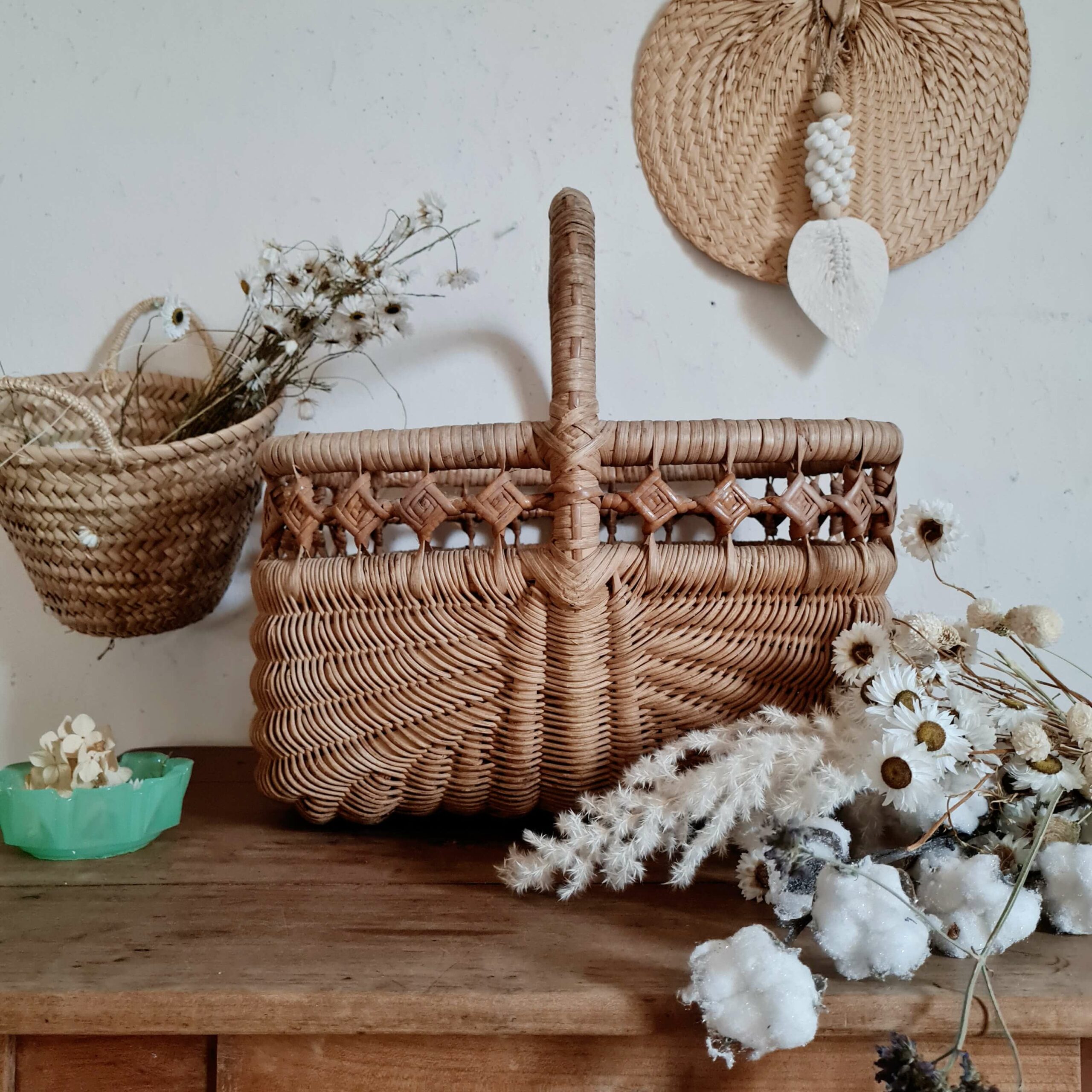 Ancien Panier à Buche en Rotin / Osier Naturel - Vintage French Finds