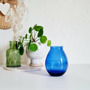 Ce vase vintage côtoiera avec charme une dame jeanne dans des teintes de vert ou de bleu.