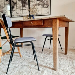 Table de ferme en chêne ancienne avec deux tiroirs