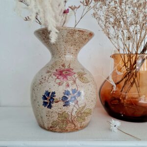 Vase en grès ancien - Poterie ancienne - fleurs peintes
