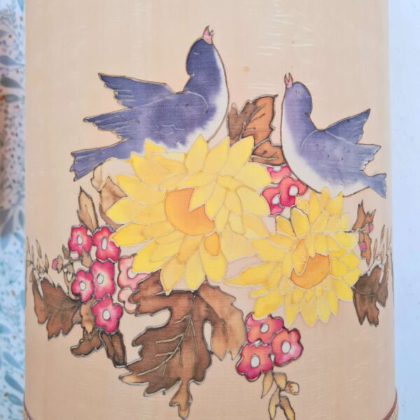 Lampe dame-jeanne ancienne -abat-jour en soie peinte avec motifs fleuris et bucoliques