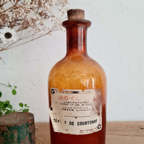 Flacon ancien ambré - ancien flacon de pharmacie couleur ambré - présence étiquette