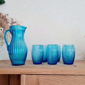 Ensemble pichet et 6 verres années 50/60 bleu - verre avec motifs d'écailles - transparence du bleu absolument charmant