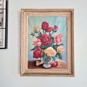 Peinture huile bouquet - ancien tableau au look suranné