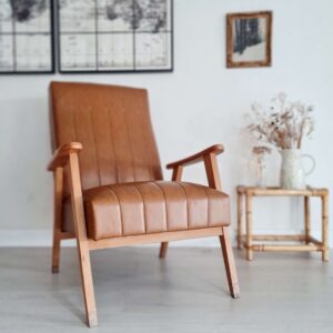 Fauteuil scandinave pieds compas camel