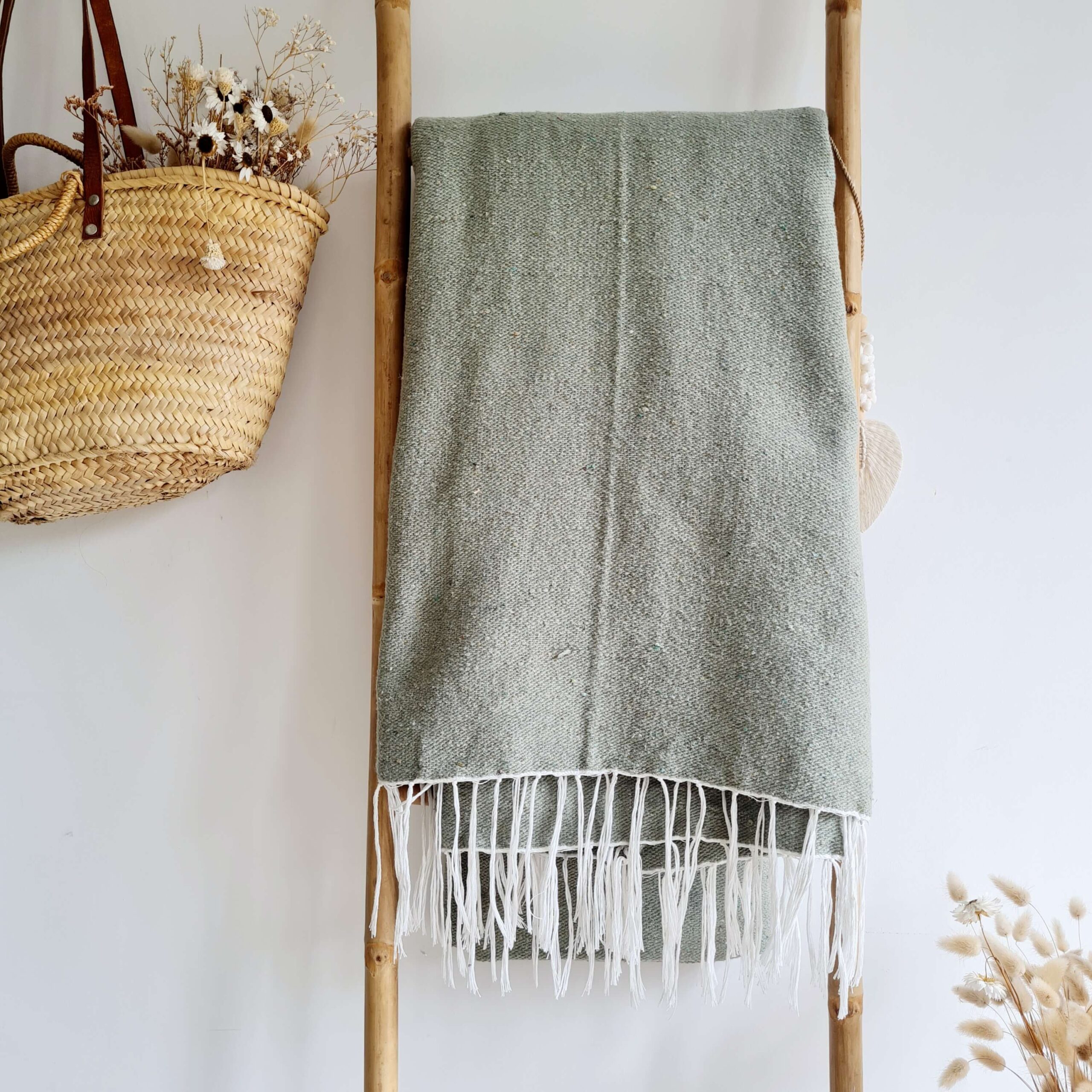 Plaid marocain coton vert franges