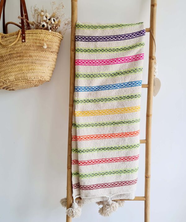 Plaid coton rayures pompons