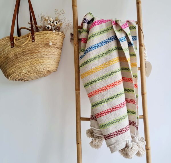Plaid coton rayures pompons
