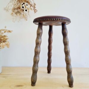 Tabouret bois pieds tournés assise cuir