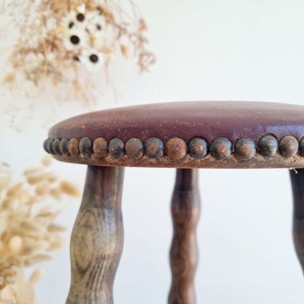 Tabouret bois pieds tournés assise cuir
