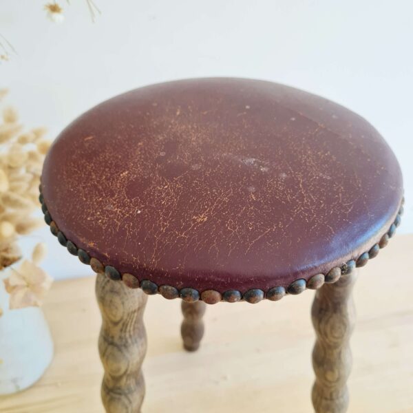 Tabouret bois pieds tournés assise cuir