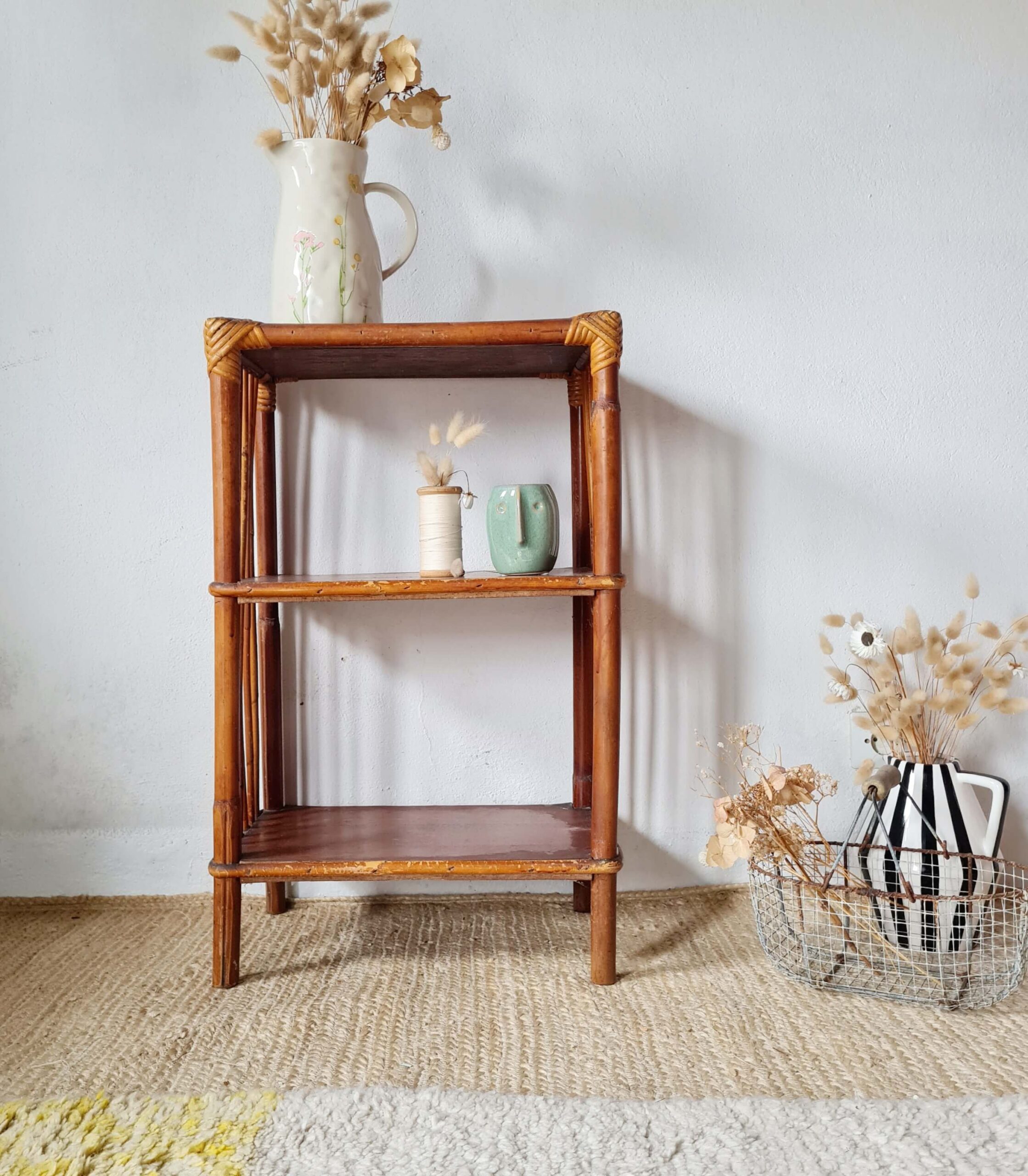 Etagère - bibliothèque rotin bois patinée