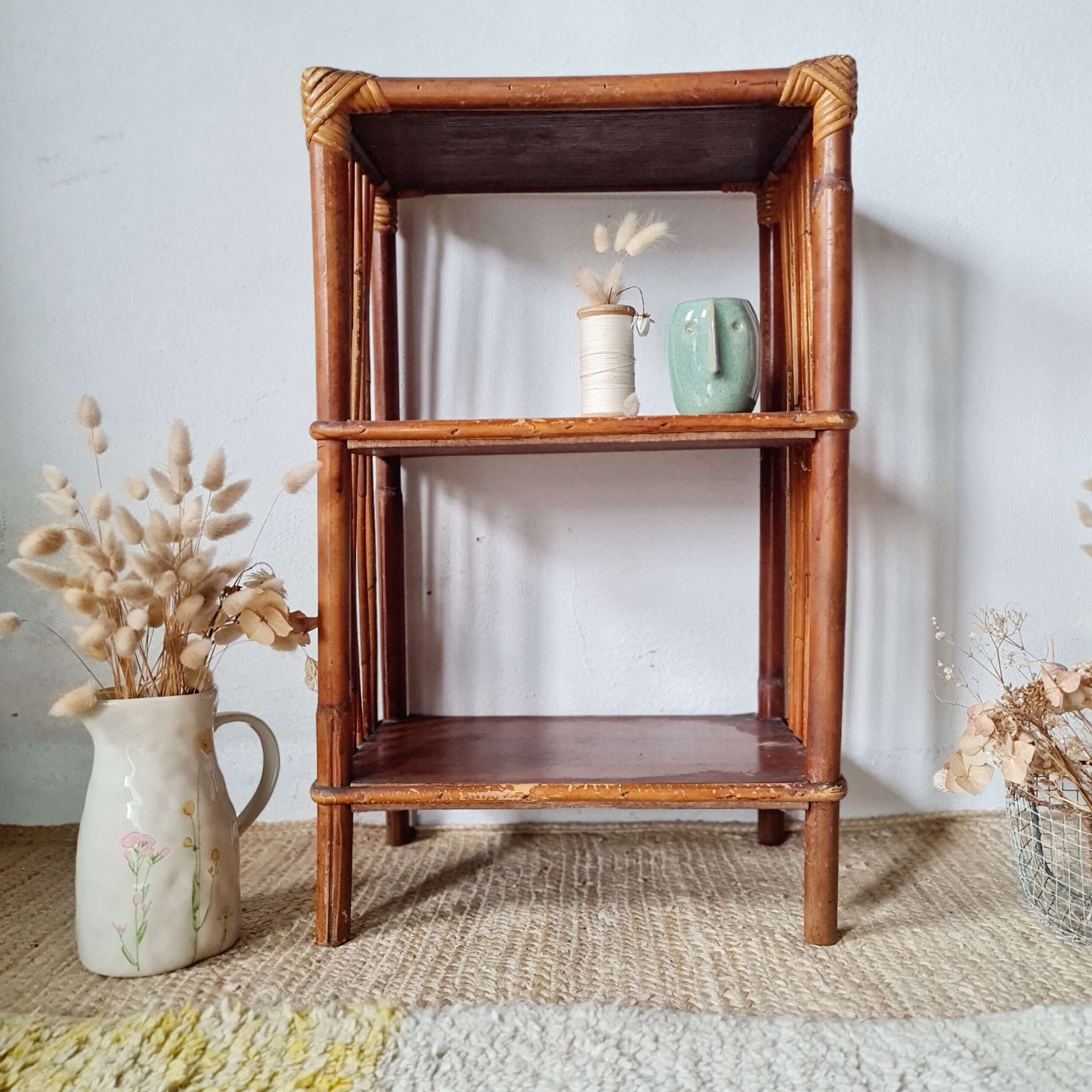 Etagère - bibliothèque rotin bois patinée