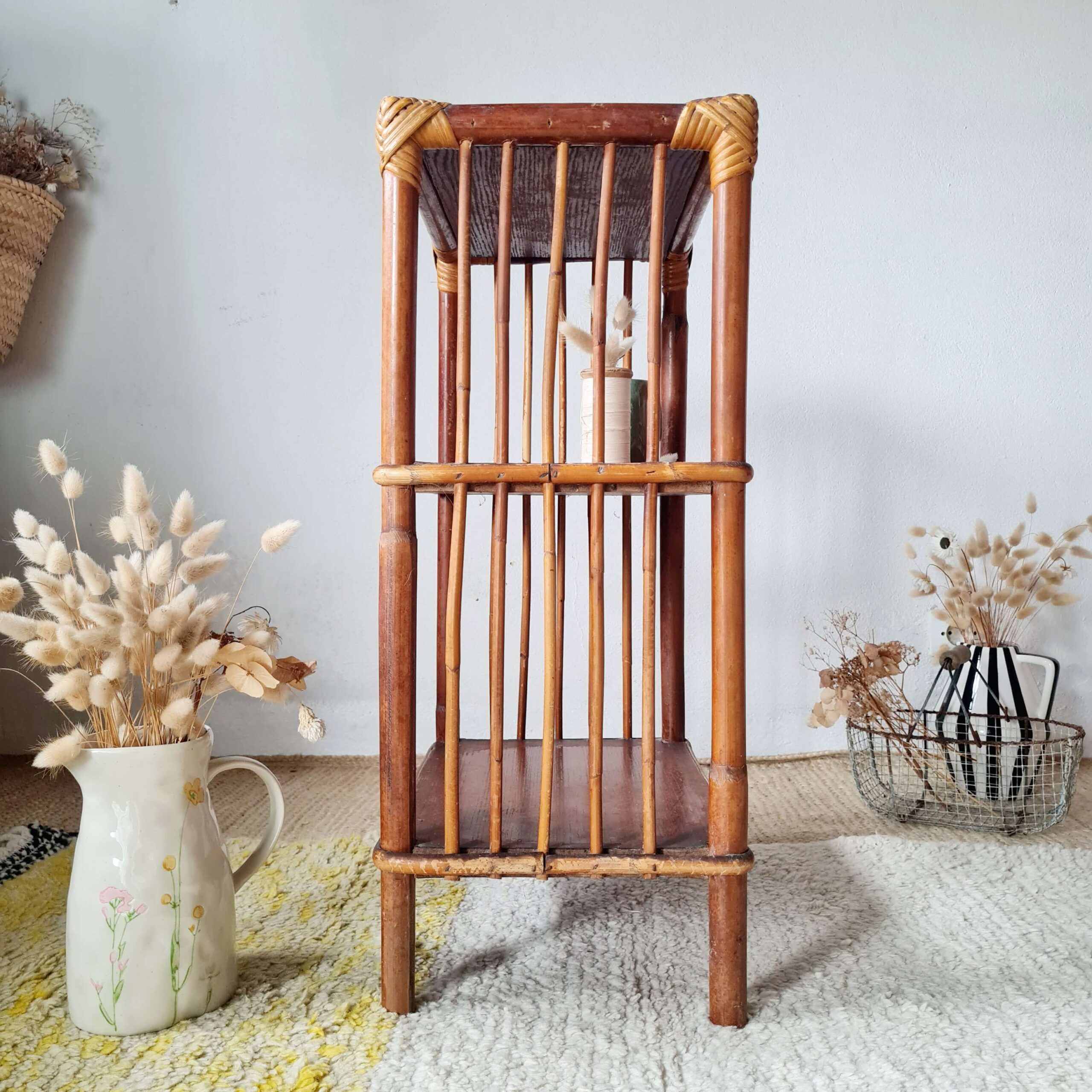 Etagère - bibliothèque rotin bois patinée