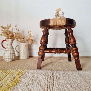 Tabouret bois et paille ancien - brutaliste