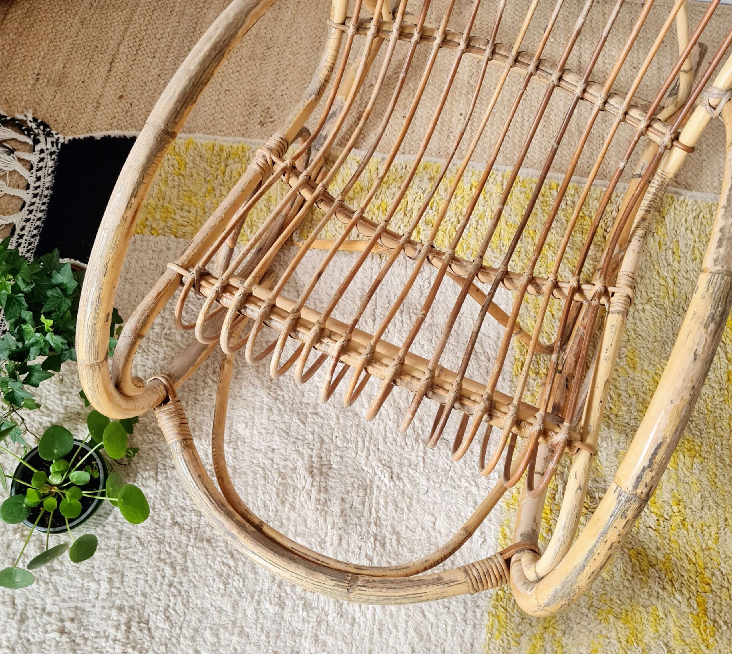 Rocking-chair en rotin ancien, années 60