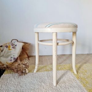 Tabouret ancien bois et assise toile rayée crème verte