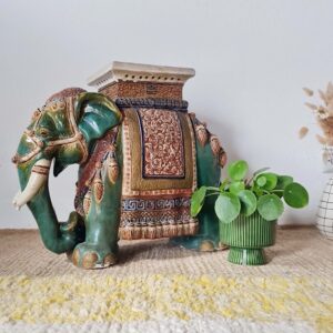Sellette porte-plante -Tabouret Éléphant vintage en céramique émaillée