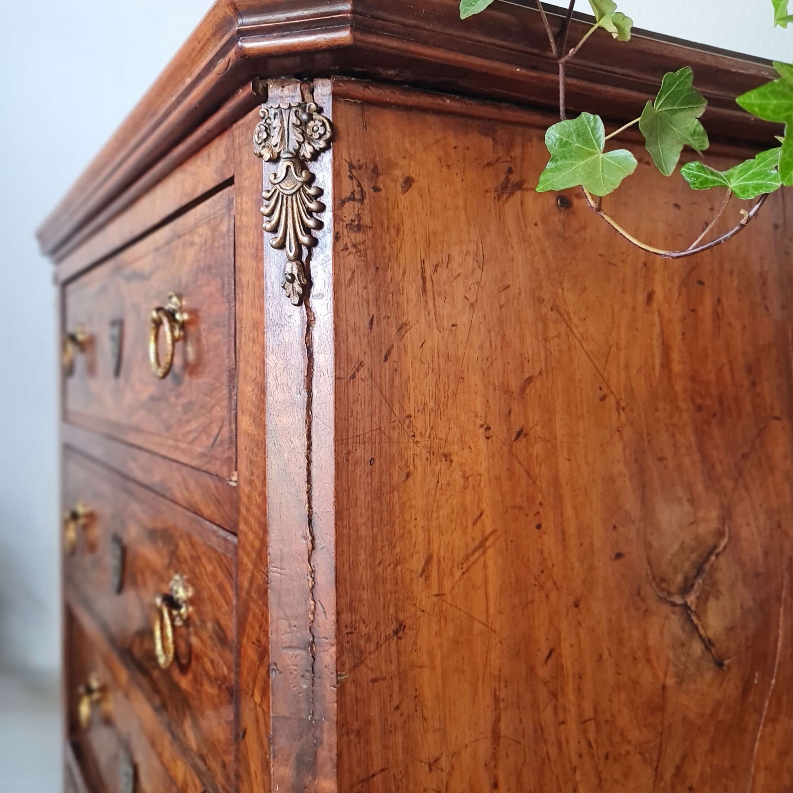 Commode ancienne style Louis XV en ronce de noyer – 4 tiroirs