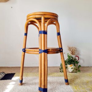 Tabouret de bar vintage Multicanne - Rotin & Rilsan bleu