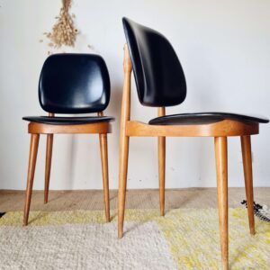 Paire de chaises vintage 1960 - Pieds compas & Simili-cuir noir