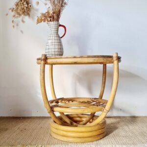 Table d'appoint vintage en rotin à deux plateaux ronds –1960