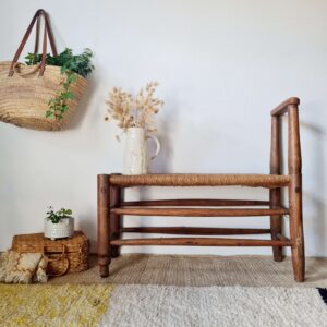Banc en bois tourné et paille - années 50