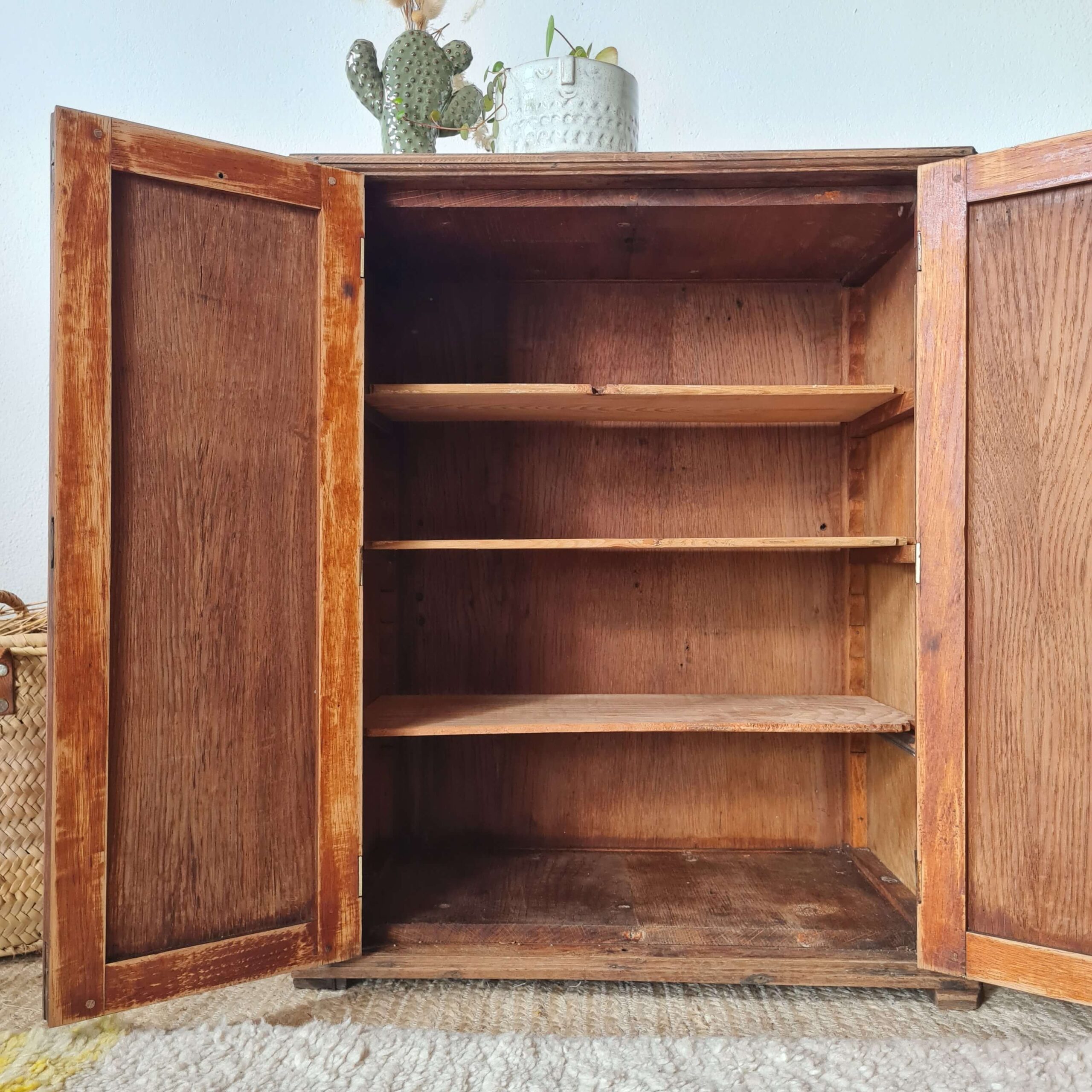Intérieur complet d'une petite armoire de pharmacie en bois brut avec trois rayonnages de rangement amovibles