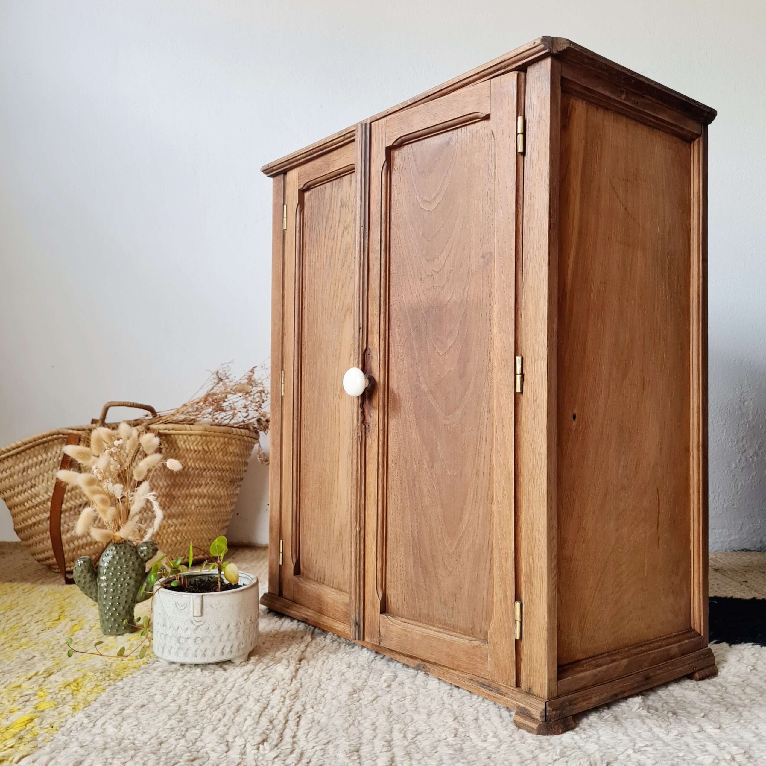 Petite armoire parisienne en bois de style pharmacie, vue de trois-quarts portes fermées avec son bouton blanc d'origine