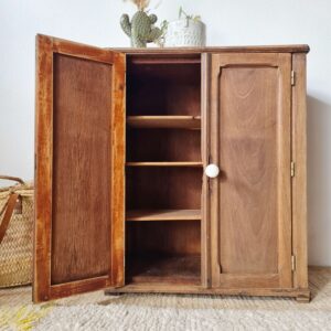 Petite armoire parisienne de style pharmacie en bois brut de face, avec une porte ouverte révélant ses étagères intérieures.