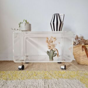 Table basse vintage en Altuglass transparent, design minimaliste et pur signé David Lange, un classique du mobilier des années 1970.