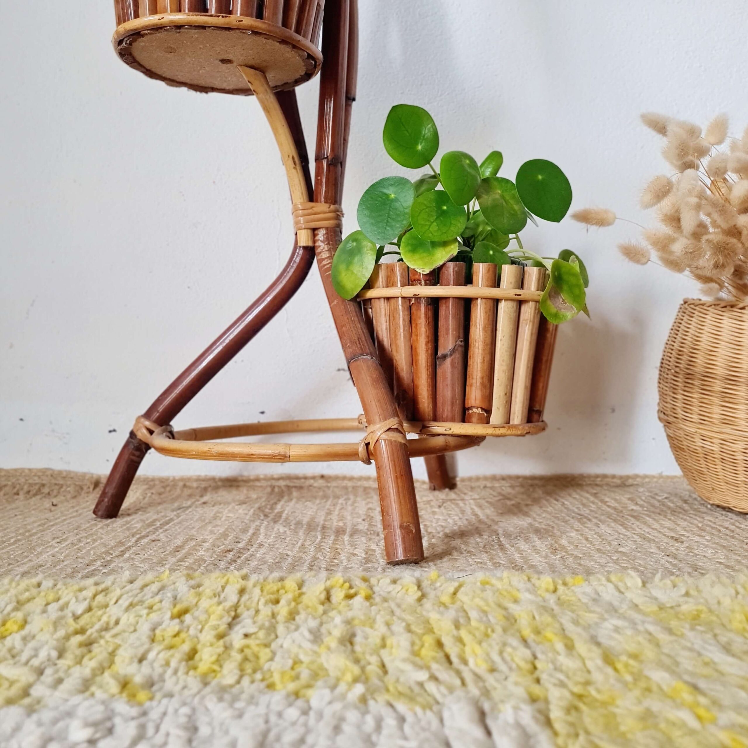 Vue rapprochée de la base d'un support à plantes en rotin et de son pot inférieur contenant un Pilea peperomioides, posé sur un tapis texturé.