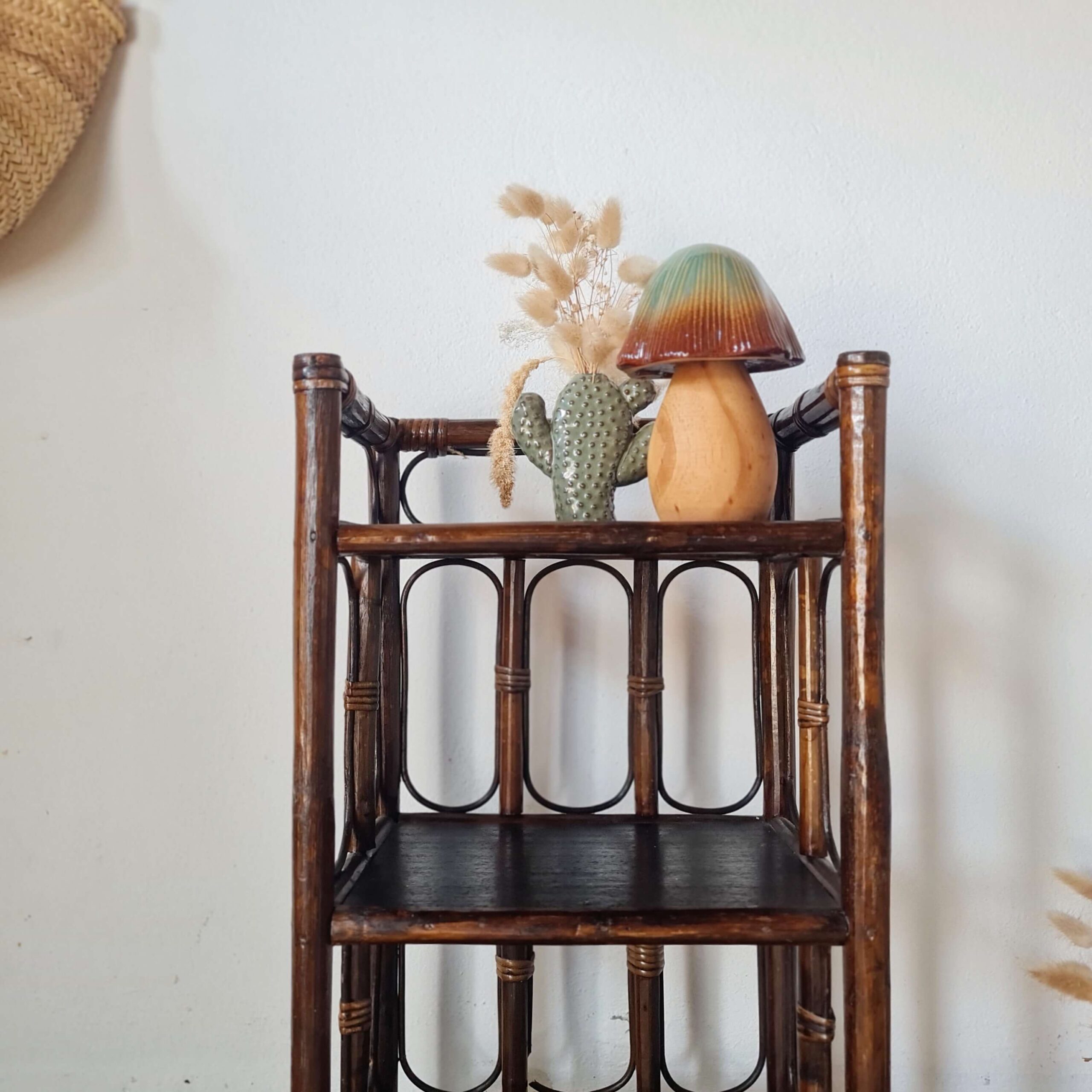 Gros plan sur le niveau supérieur d'une étagère ancienne en rotin avec un petit cactus et un champignon décoratif.