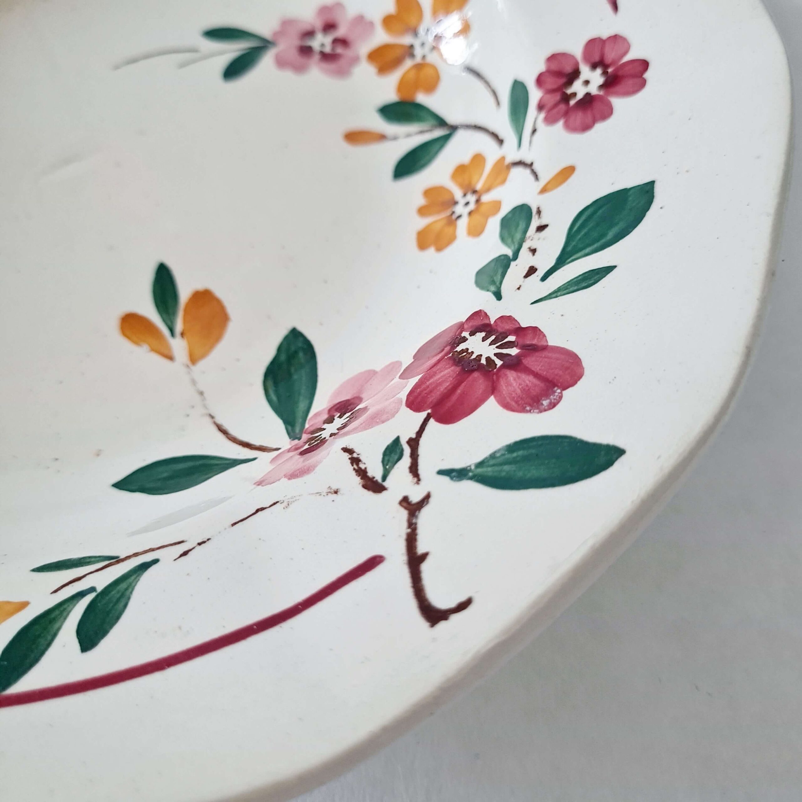 Gros plan sur le motif de fleurs roses, jaunes et bordeaux peintes à la main